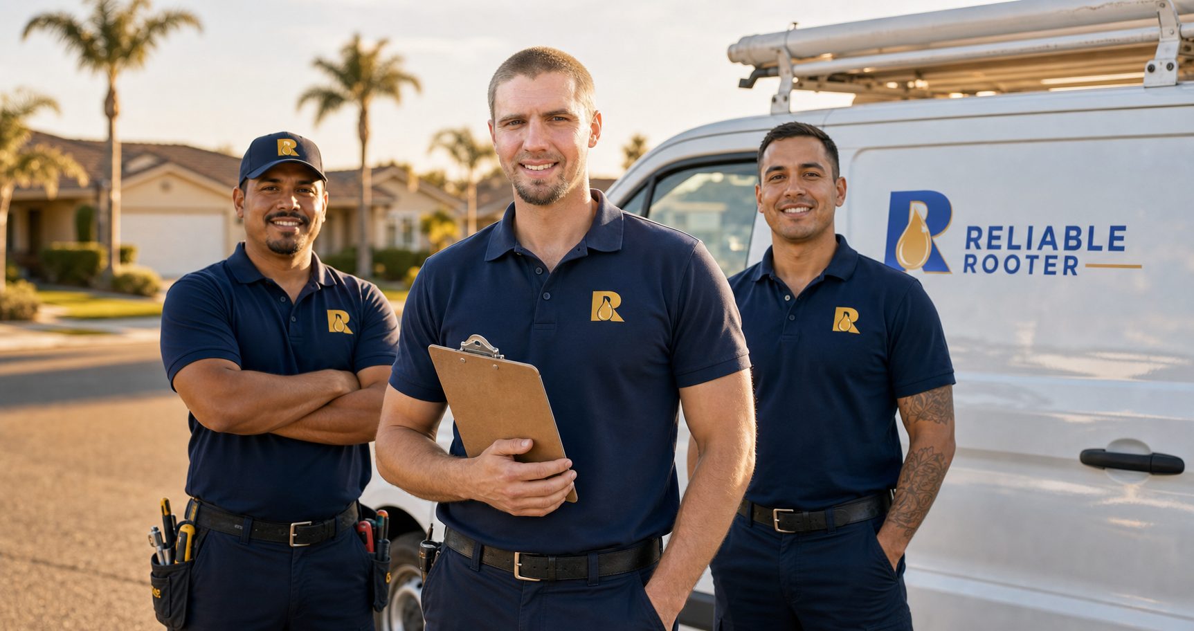The Reliable Rooter plumbing crew with owner Bobby beside their service van